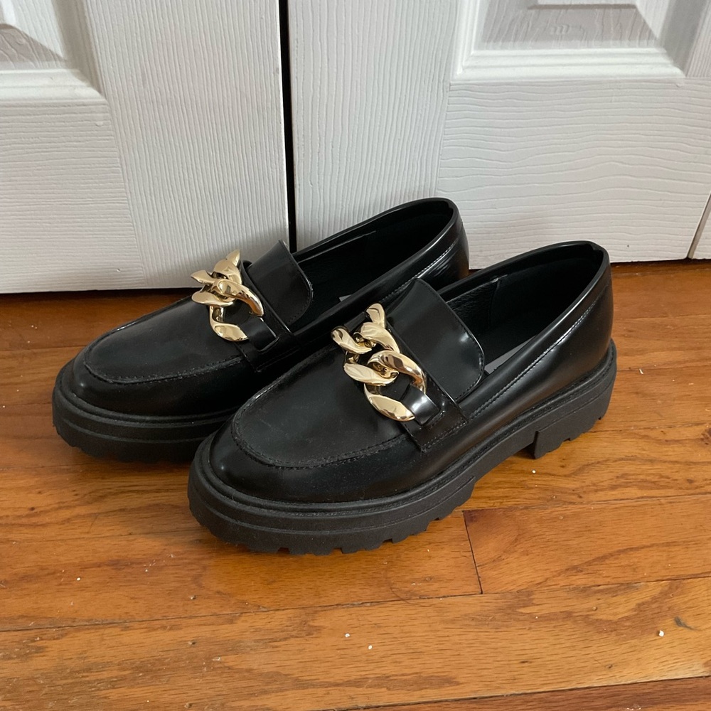 Steve Madden Black Loafers with Gold Chain Detail
